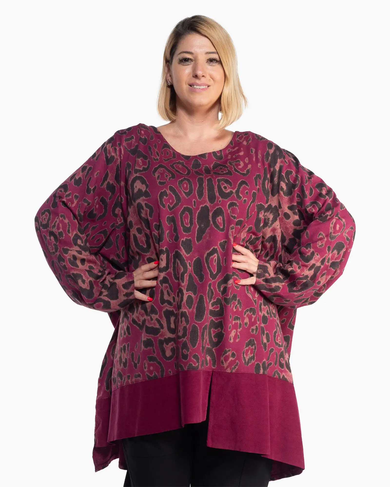 Bluze din Bumbac - Bluză casual grena cu animal print, definită de o croială lejeră