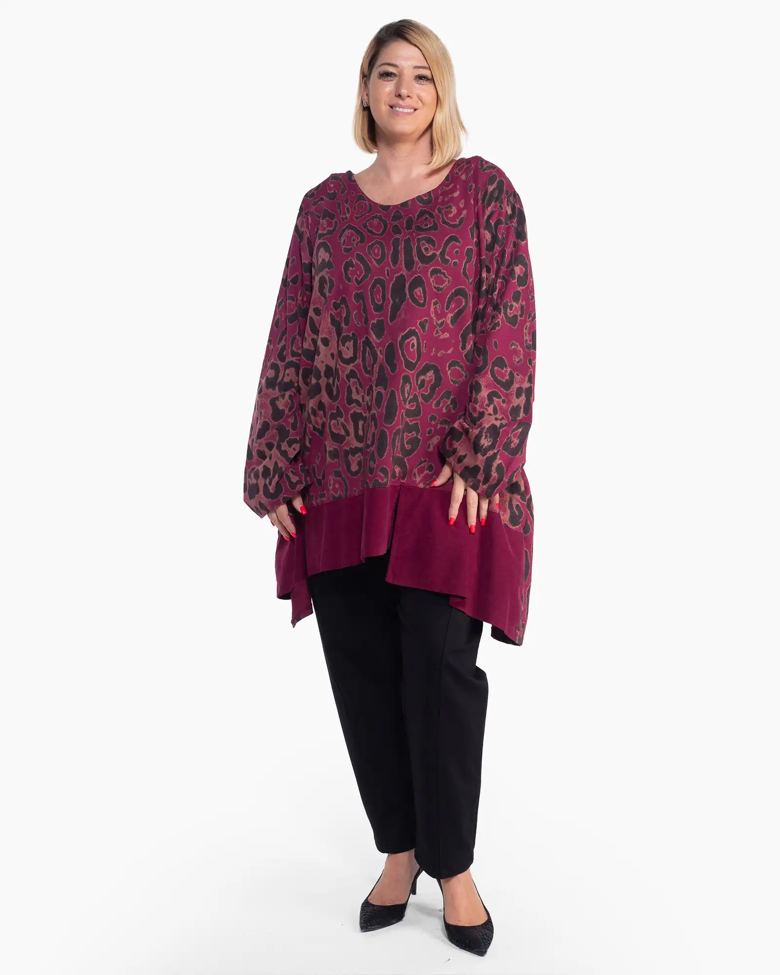 Bluză casual grena cu animal print, definită de o croială lejeră [3]