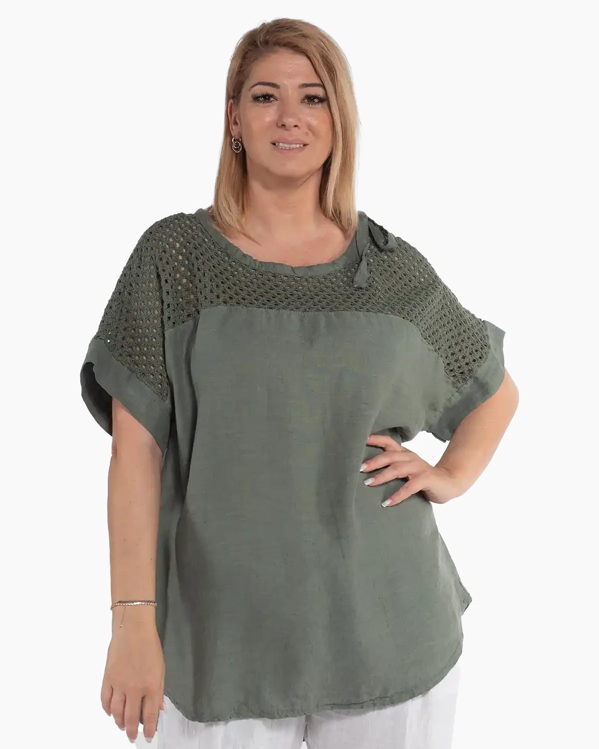 Bluze din In - Bluză casual kaki din in cu design amplu și mânecă cu șnur