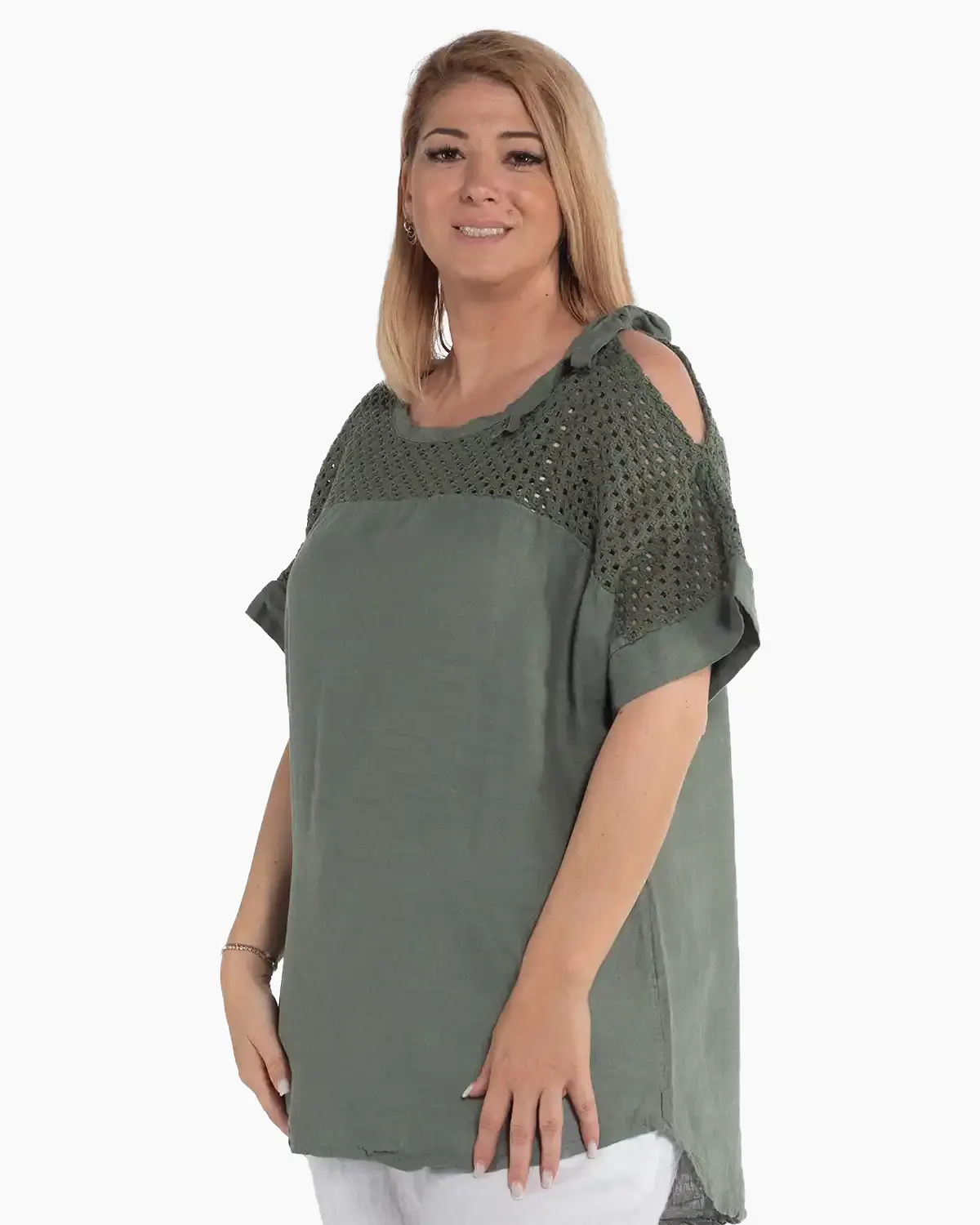 Bluză casual kaki din in cu design amplu și mânecă cu șnur [3]