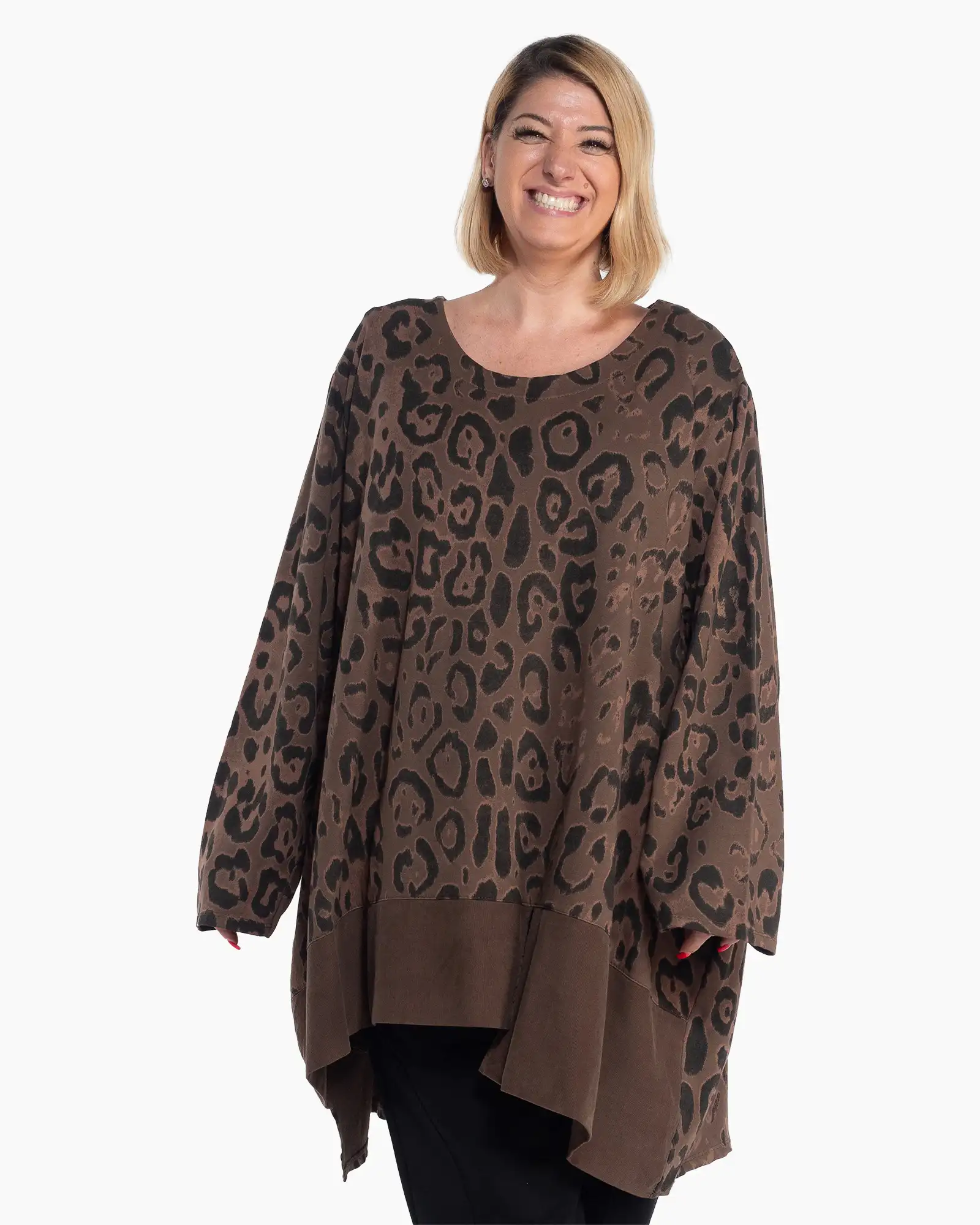 Bluze din Bumbac - Bluză casual maro cu imprimeu animal print și linie fluidă