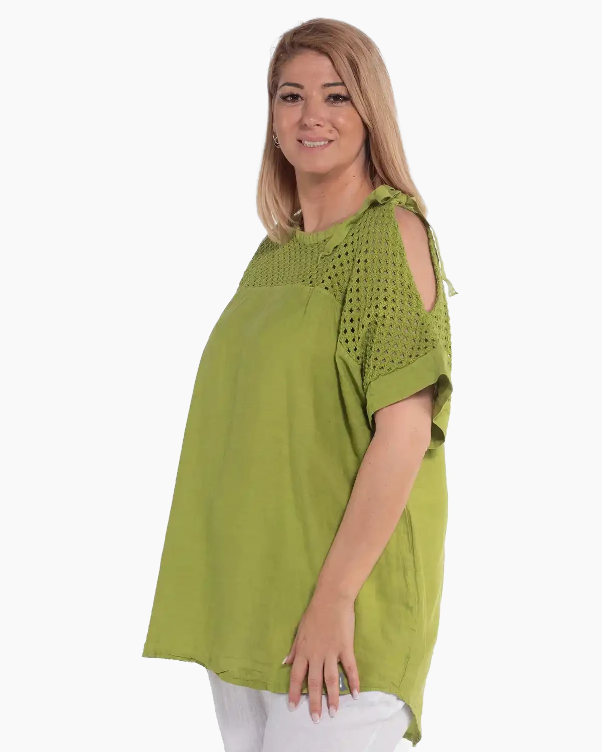 Bluză casual vernil din in cu mâneci kimono pentru siluete plus-size [3]