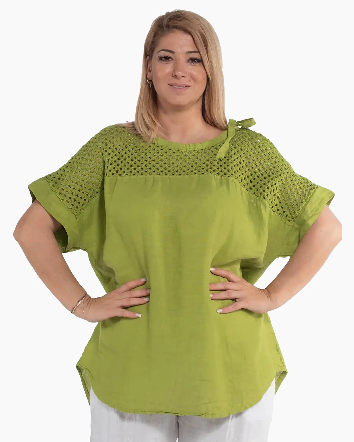 Bluze din In - Bluză casual vernil din in cu mâneci kimono pentru siluete plus-size