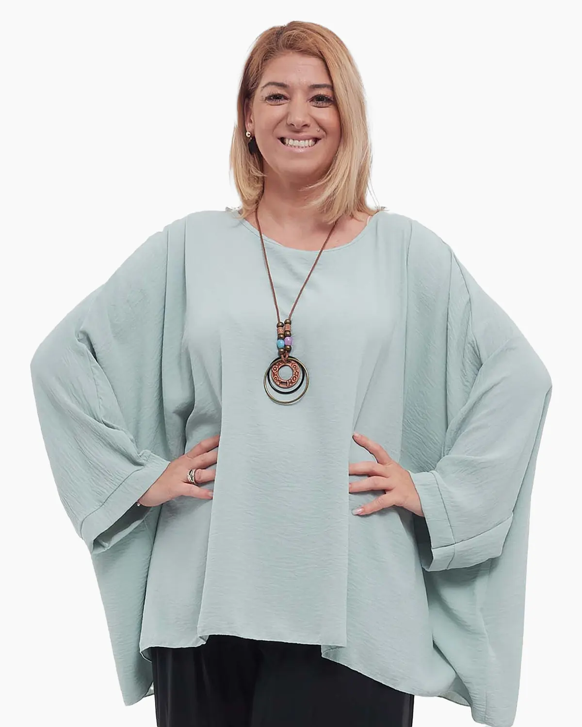 Mărimi mari - Bluză casual bleu din vâscoză plus-size cu colier inclus