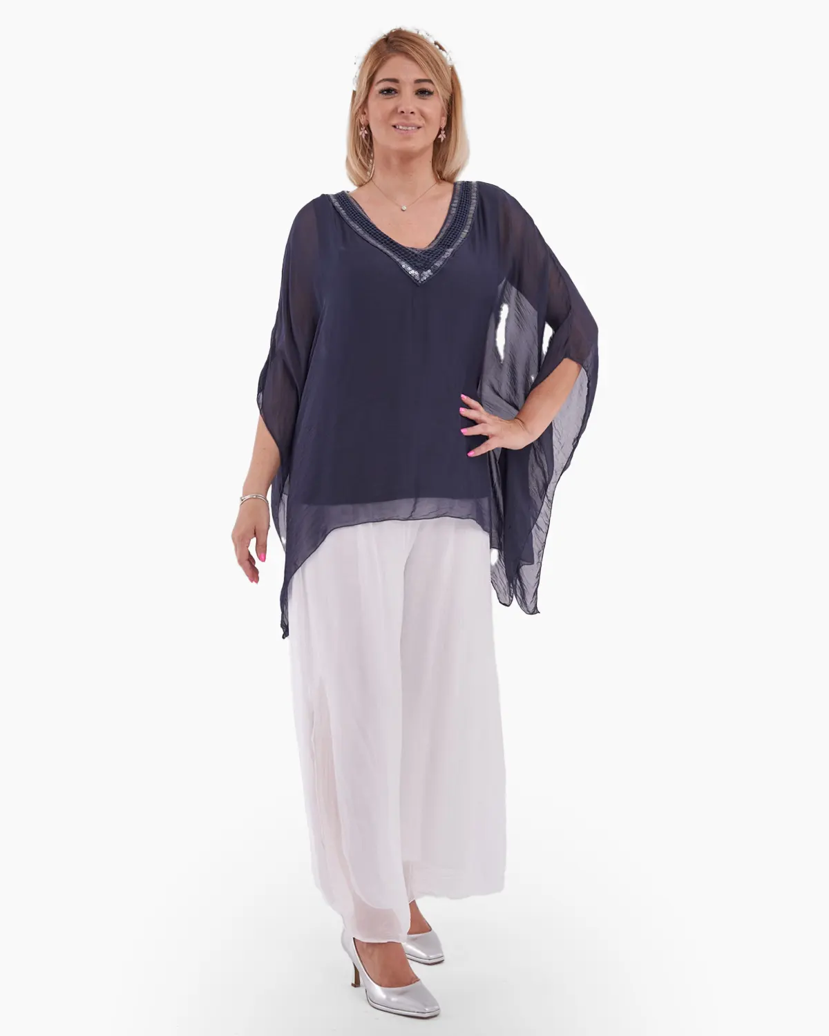Haine damă - Bluza chic din matase naturala bleumarin