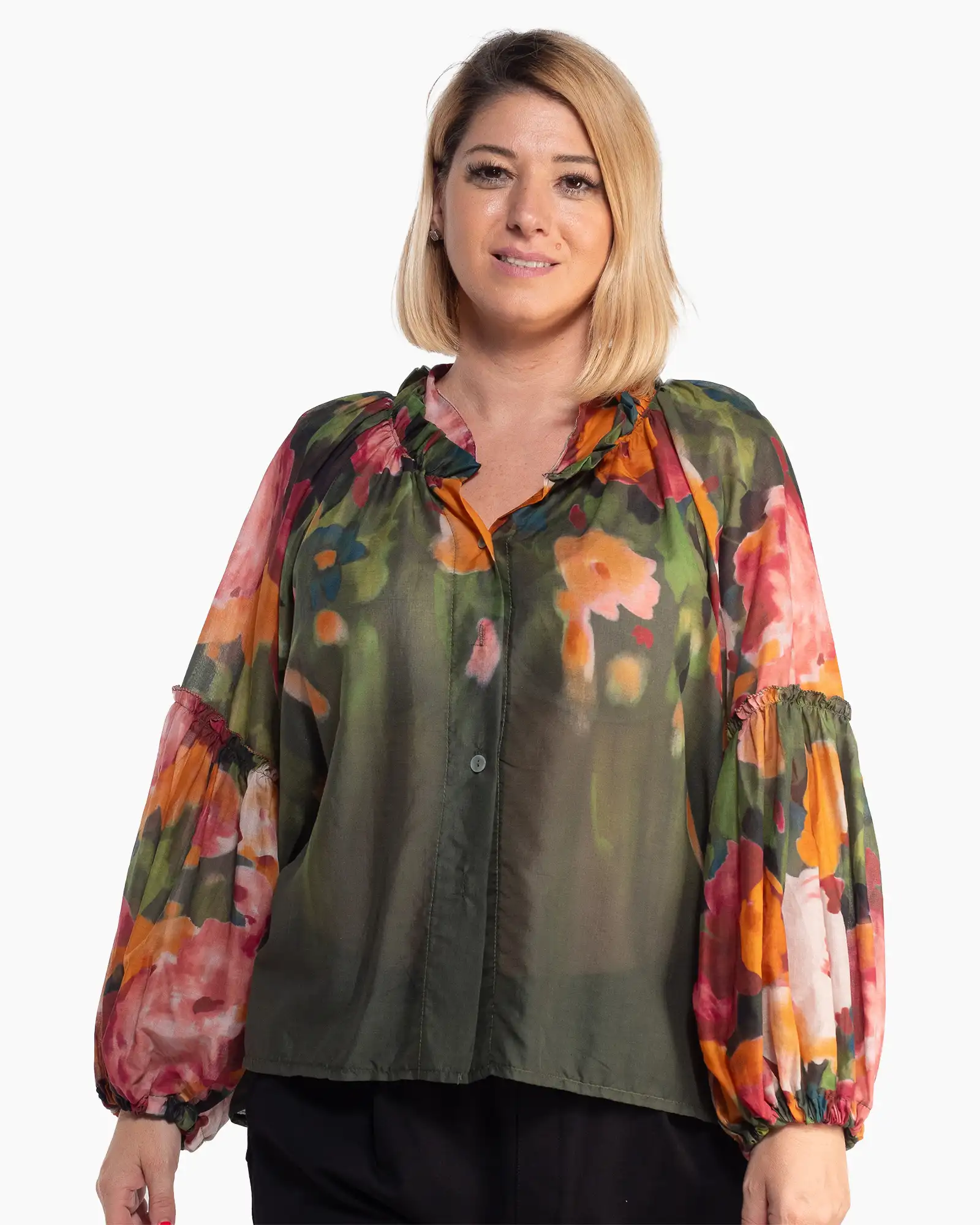 Bluze din Bumbac - Bluză chic kaki cu imprimeu floral și mâneci bufante vaporoase