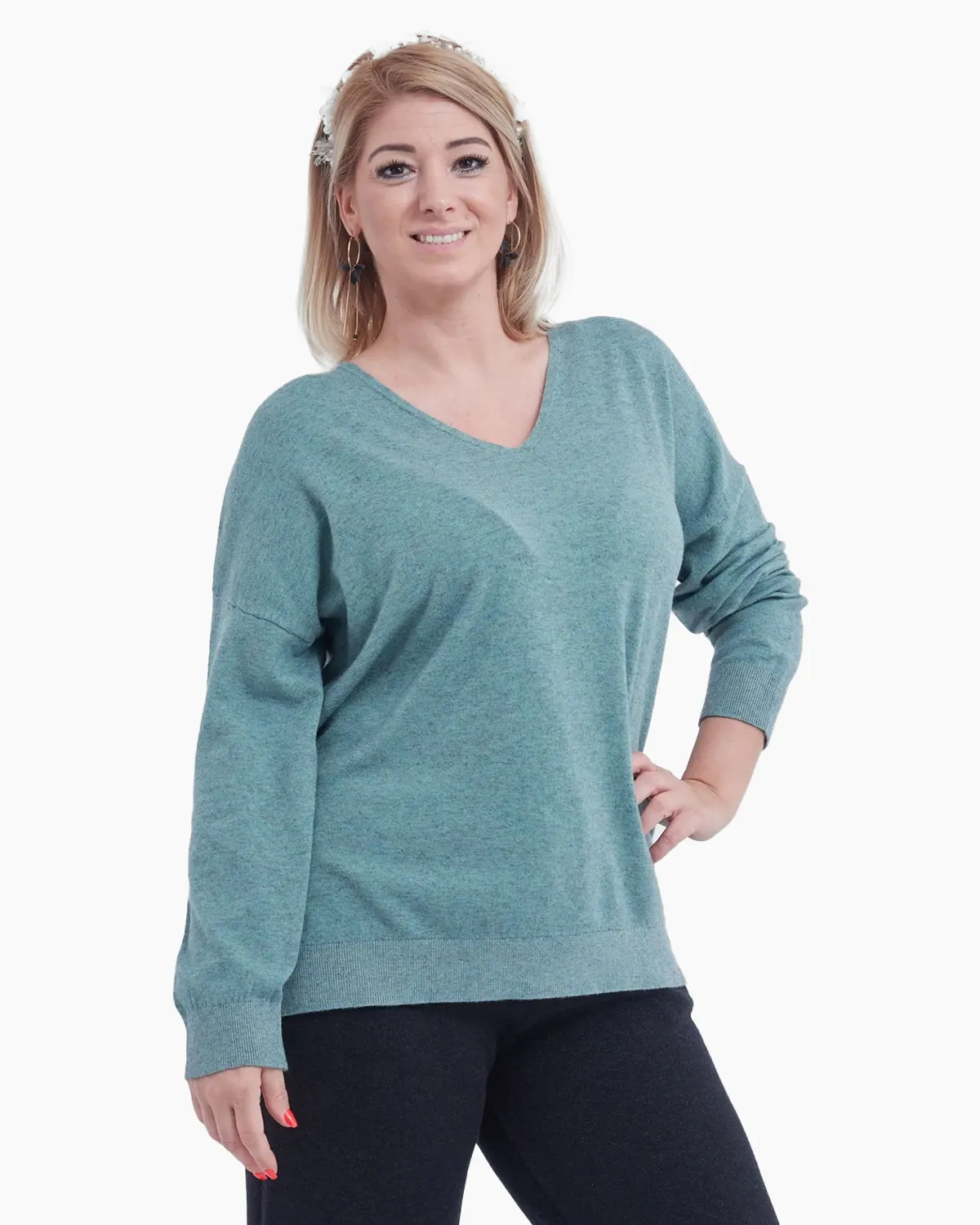 Mărimi mari - Bluza cu decolteu in V si croi lejer, turcoaz