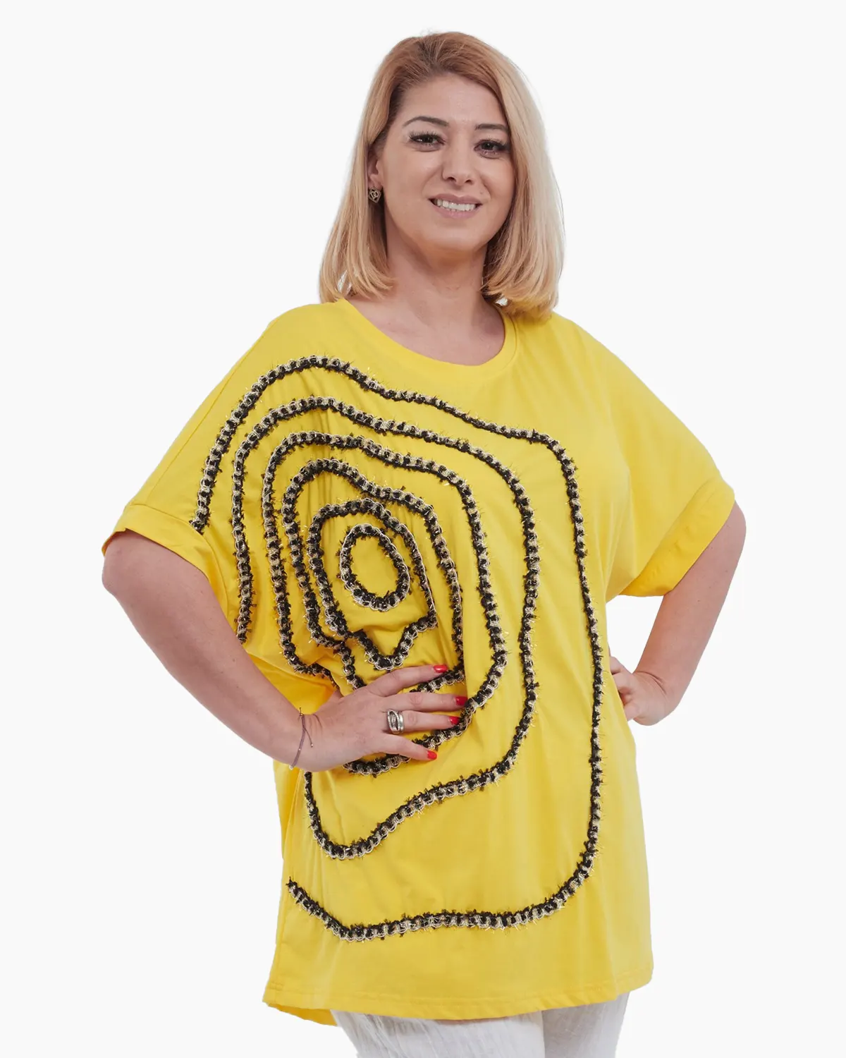 Bluza dama asimetrica din bumbac fin cu umeri cazuti si detaliu floral artizanal din snur galben [1]