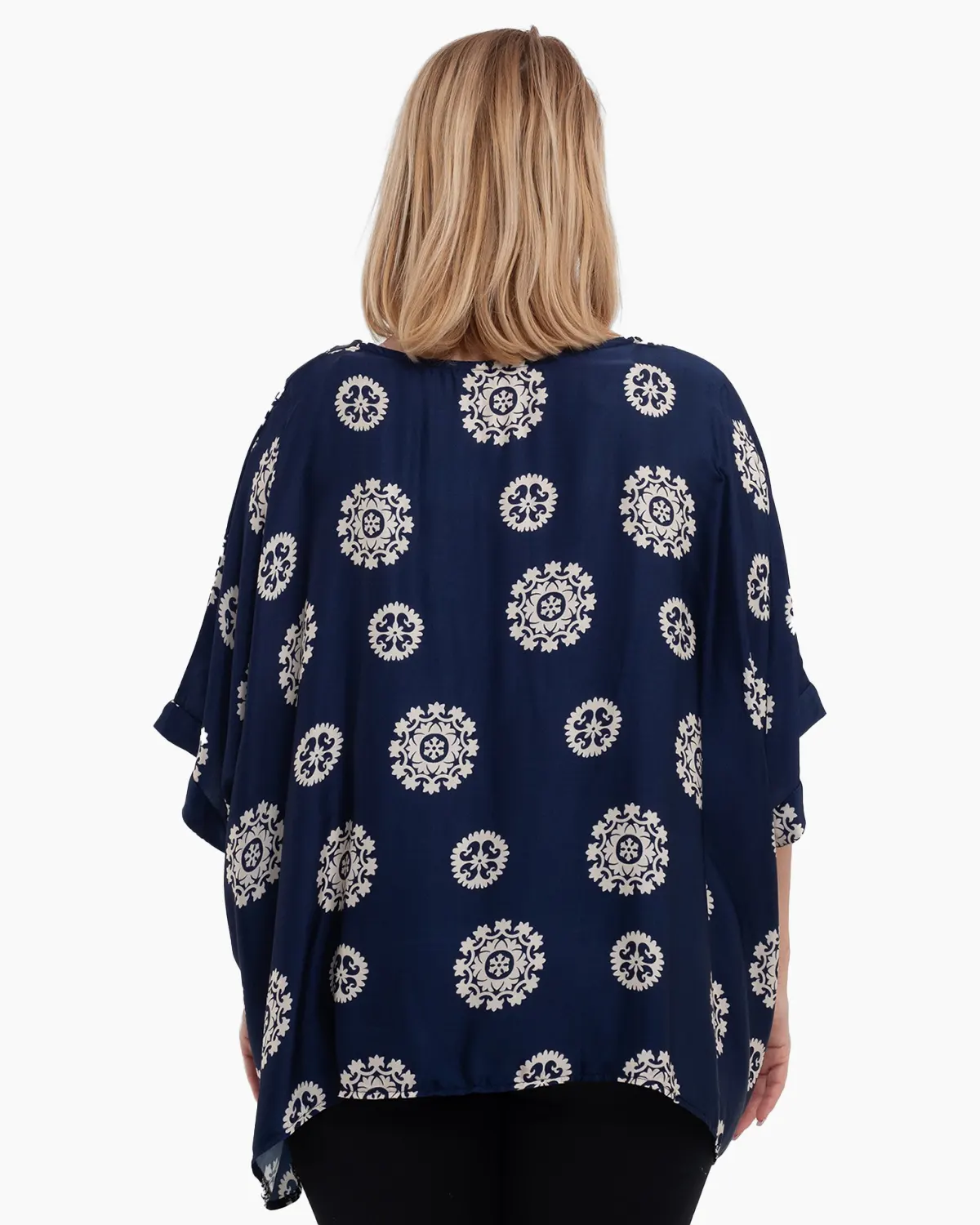 Bluză de damă oversize din satin bleumarin cu umeri căzuți și design asimetric [1]