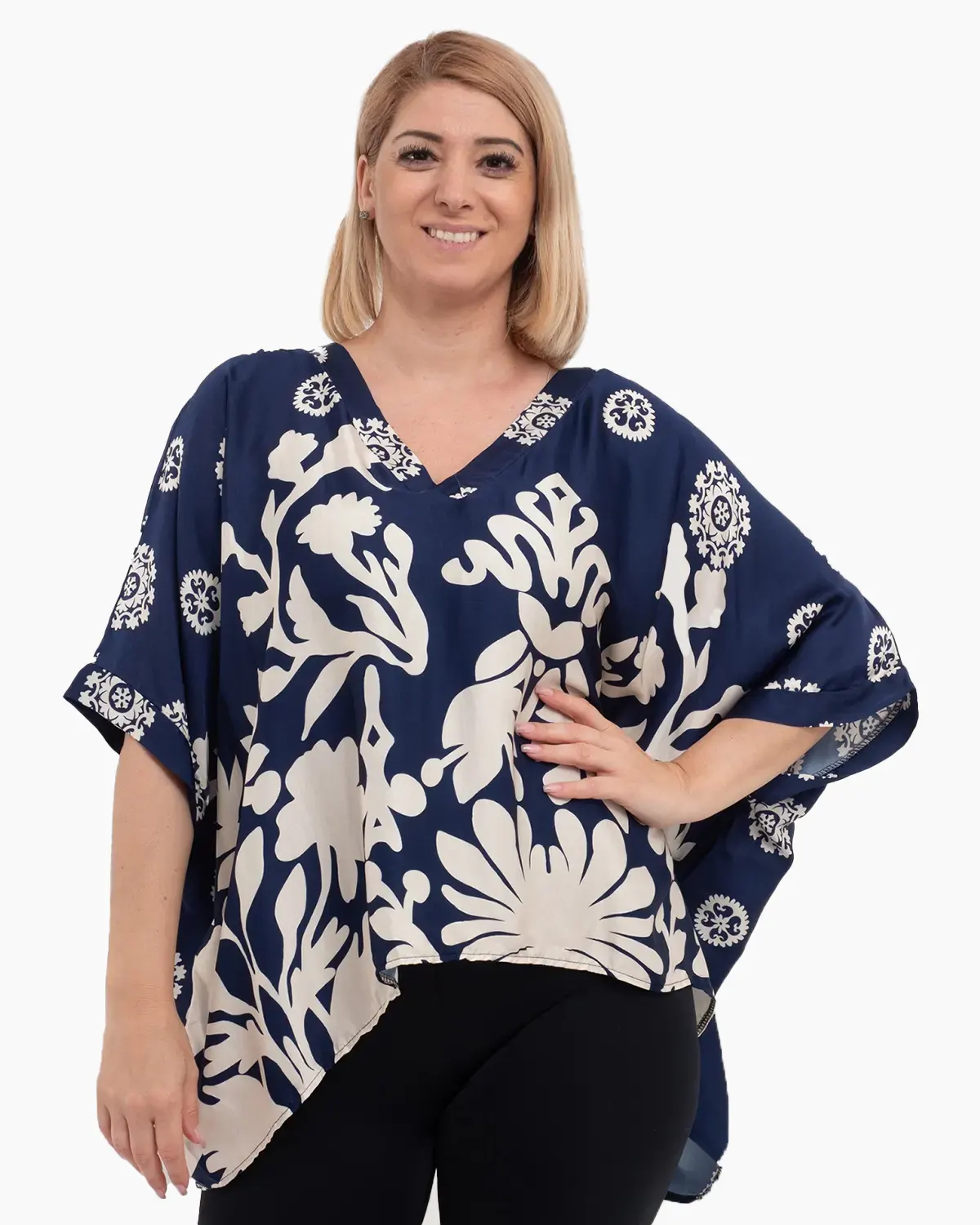 Bluze - Bluză de damă oversize din satin bleumarin cu umeri căzuți și design asimetric