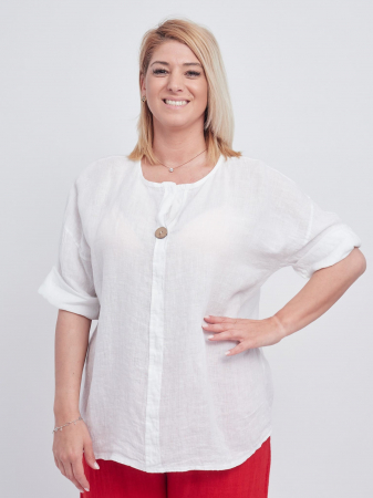 Bluze din In - Bluza din in, croi drept, accesorizata cu nasture de efect la decolteu, alba