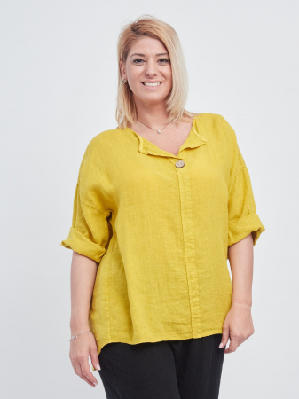 Bluze din In - Bluza din in, croi drept, accesorizata cu nasture de efect la decolteu, galbena