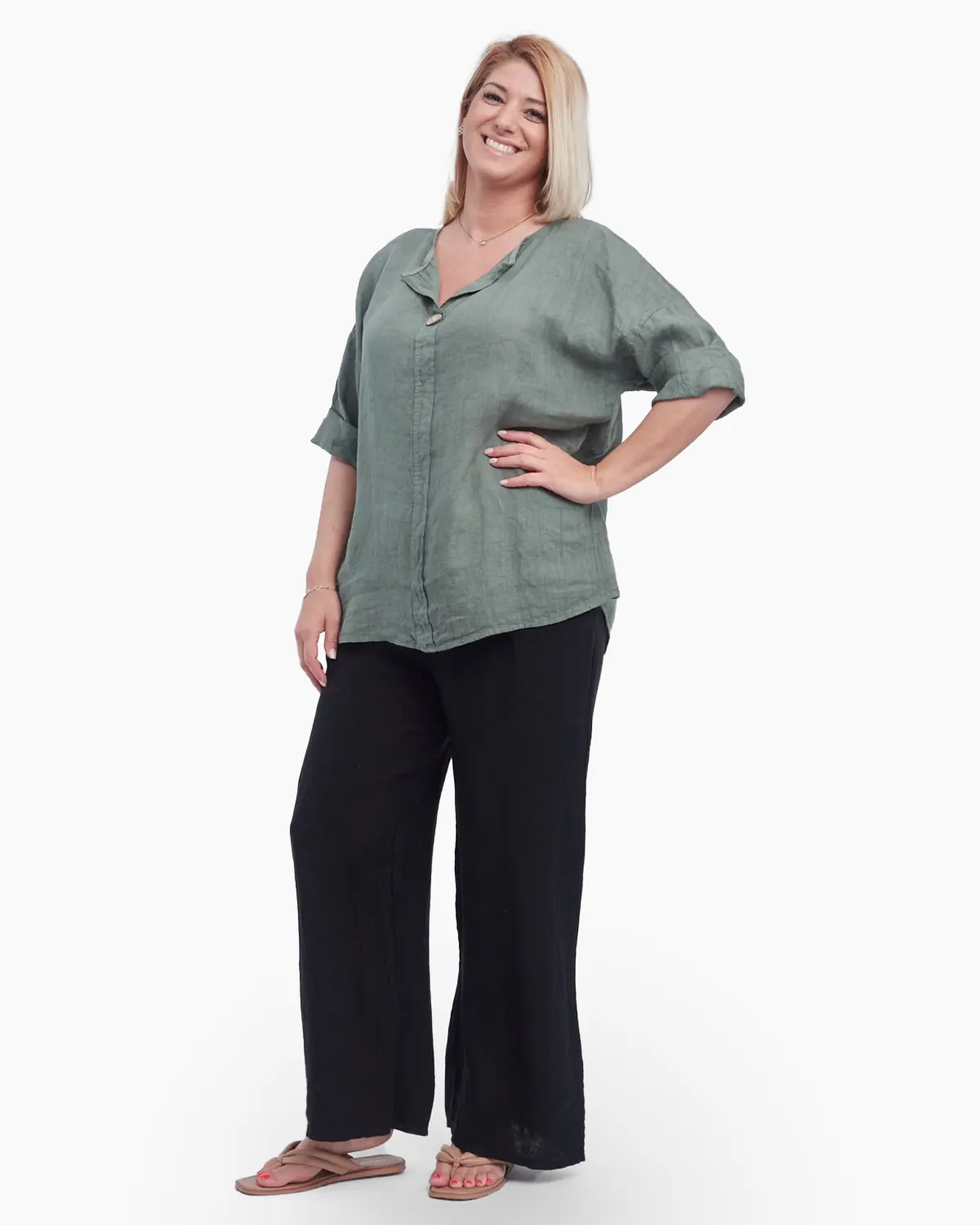 Bluza din in, croi drept, accesorizata cu nasture de efect la decolteu, kaki [1]