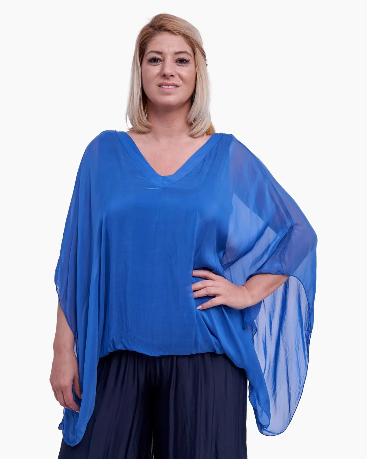 Haine damă - Bluza din matase cu elastic in talie, albastra