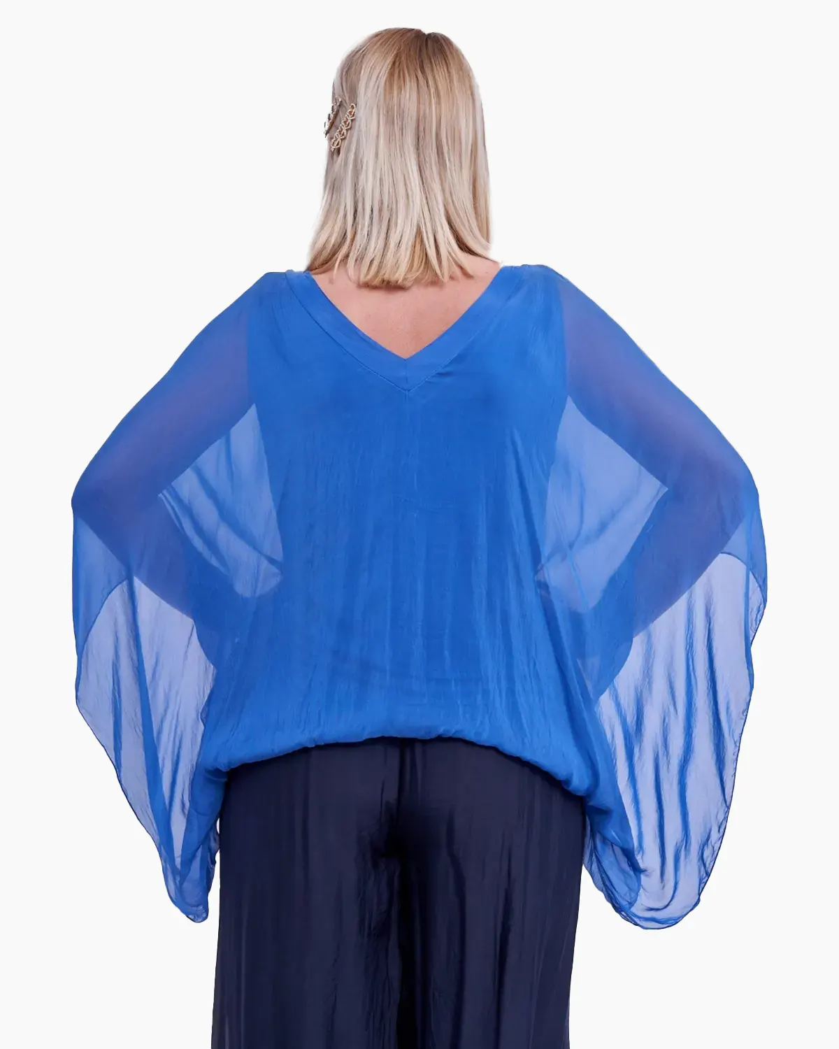 Bluza din matase cu elastic in talie, albastra [1]