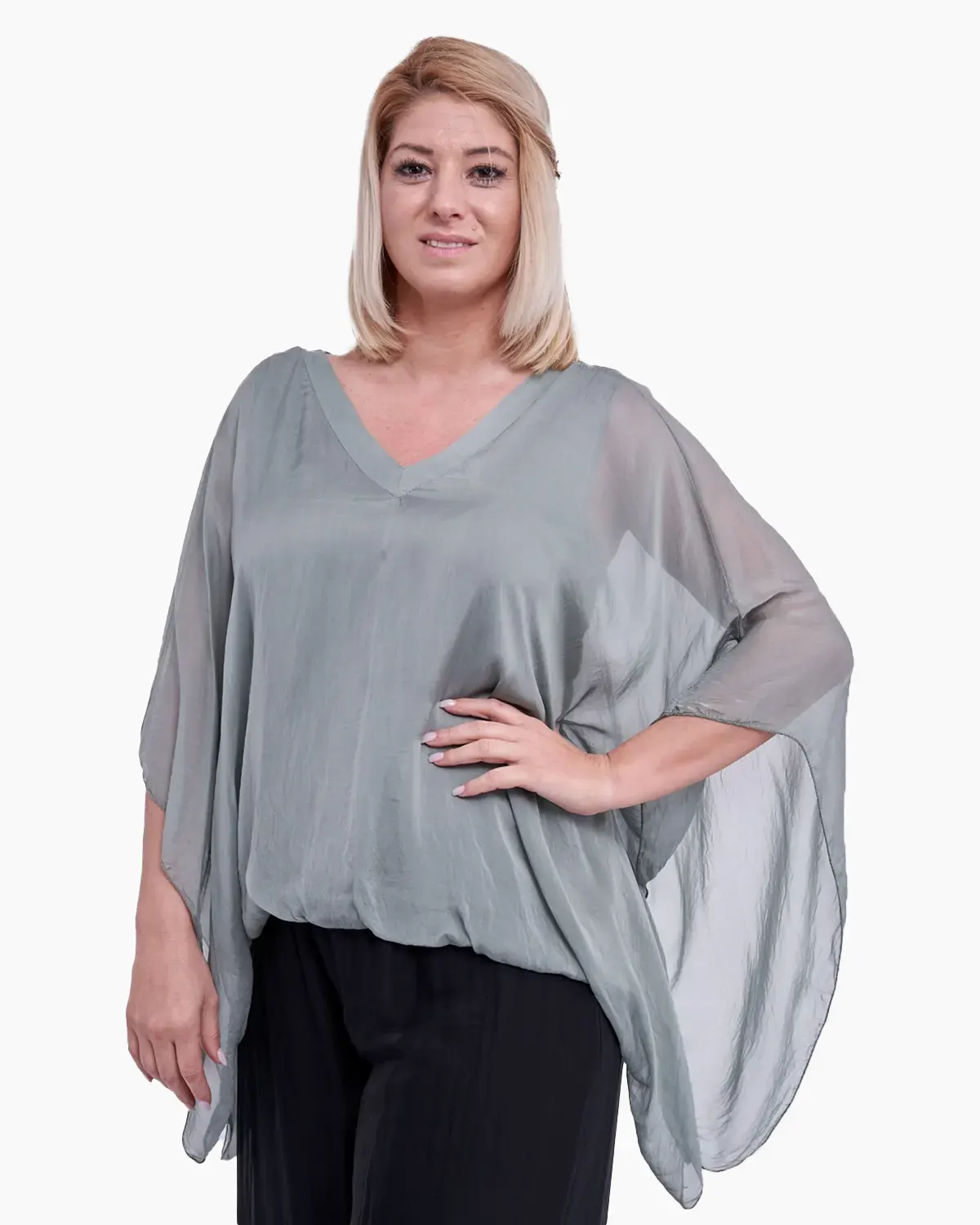 Bluze - Bluza din matase cu elastic in talie, gri vernil