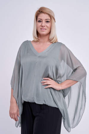 Bluze din Mătase - Bluza din matase cu elastic in talie, gri vernil
