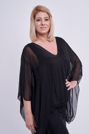 Bluza din matase cu elastic in talie, neagra [0]