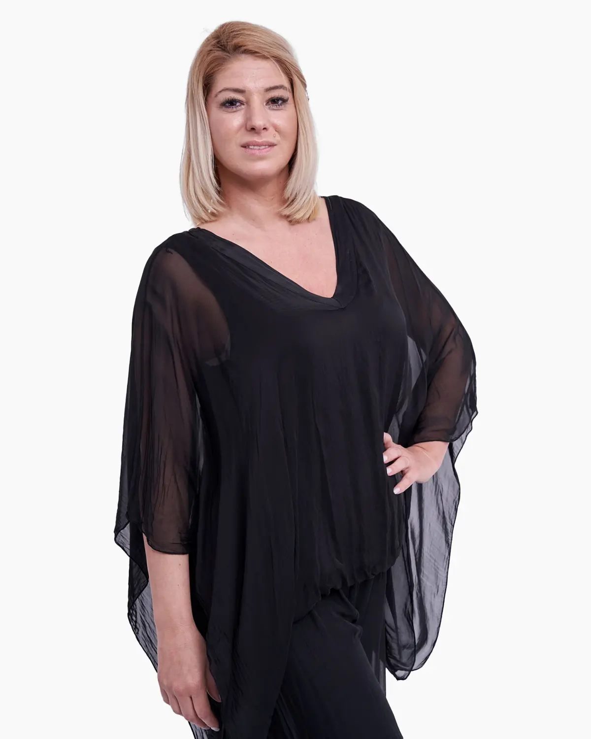 Haine damă - Bluza din matase cu elastic in talie, neagra