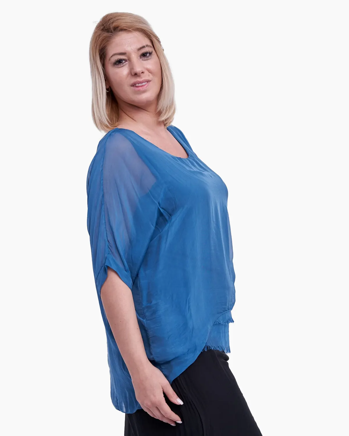 Bluza din matase cu franjuri discreti, albastra [1]