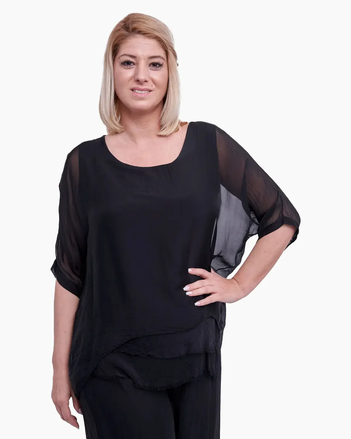 Bluze - Bluza din matase cu franjuri discreti, neagra