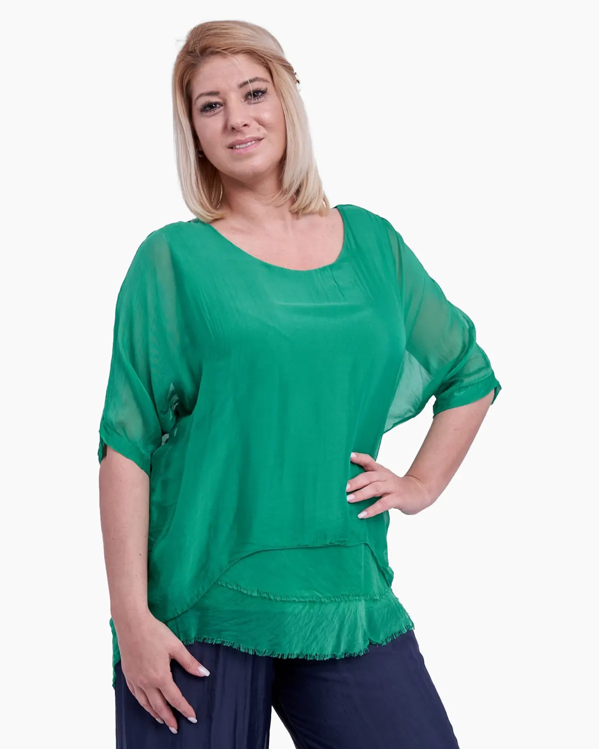 Haine damă - Bluza din matase cu franjuri discreti, verde