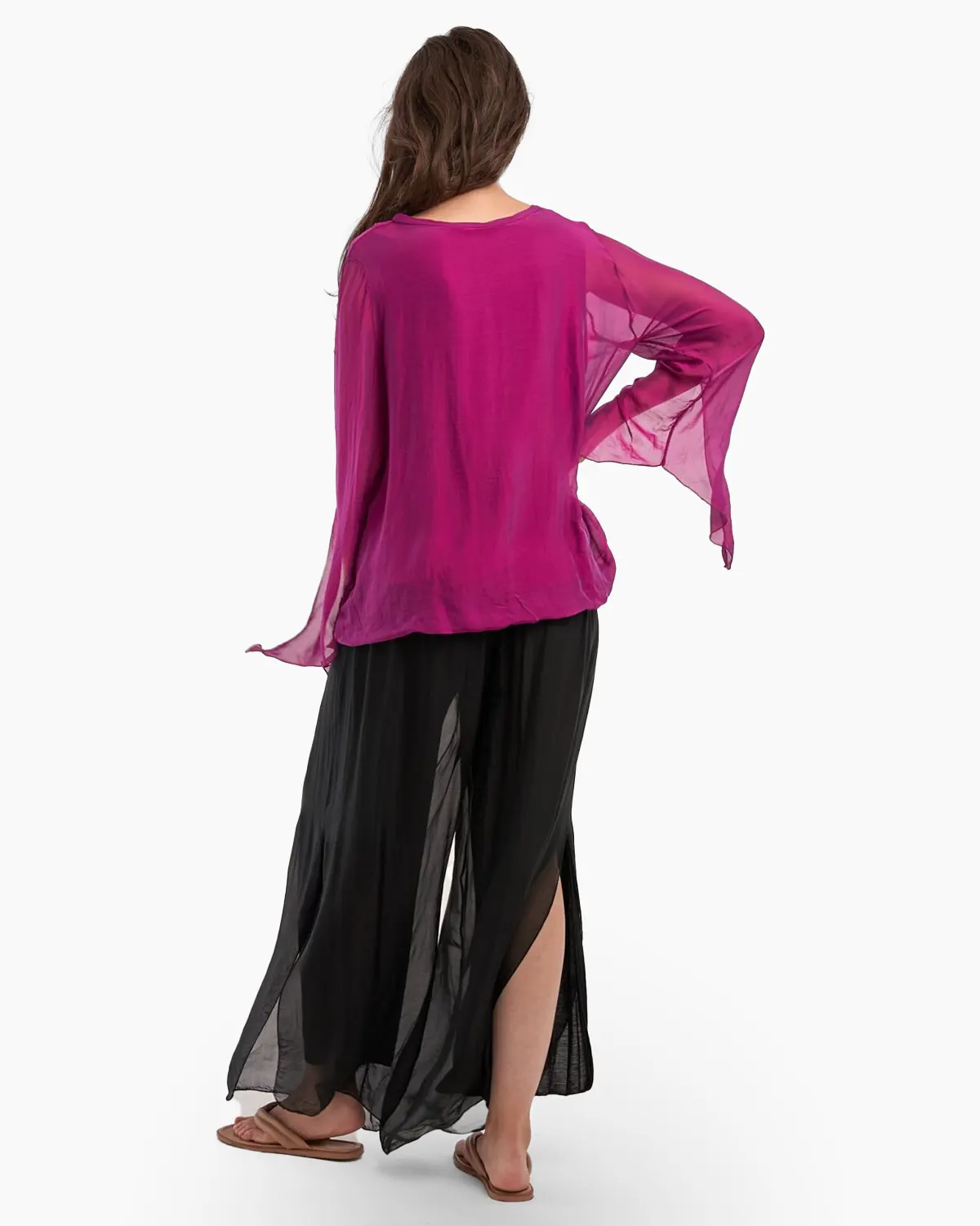 Bluza din matase naturala, fucsia,  cu maneci lungi, despicate [2]