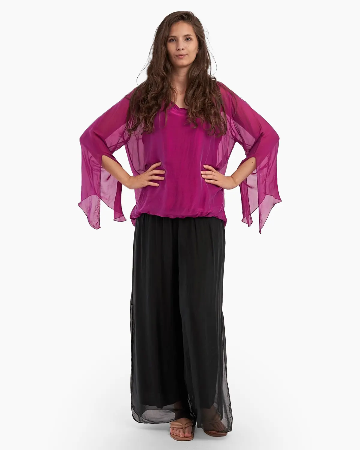 Haine damă - Bluza din matase naturala, fucsia,  cu maneci lungi, despicate