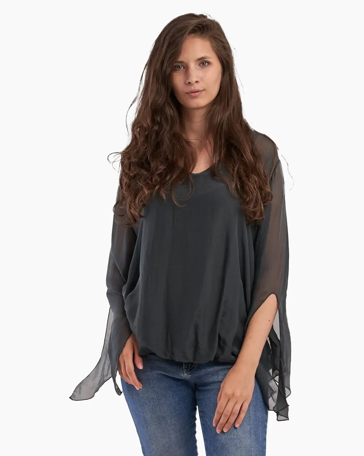 Bluza din matase naturala, gri inchis, cu maneci lungi, despicate [1]