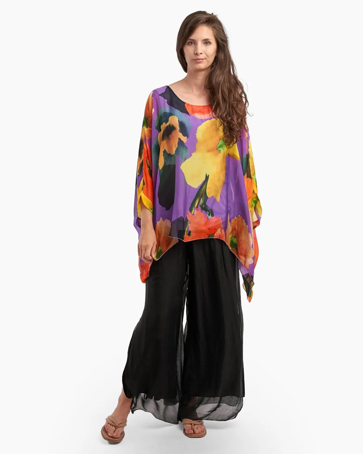 Bluze - Bluza din matase naturala, imprimeu maci, pe fond mov