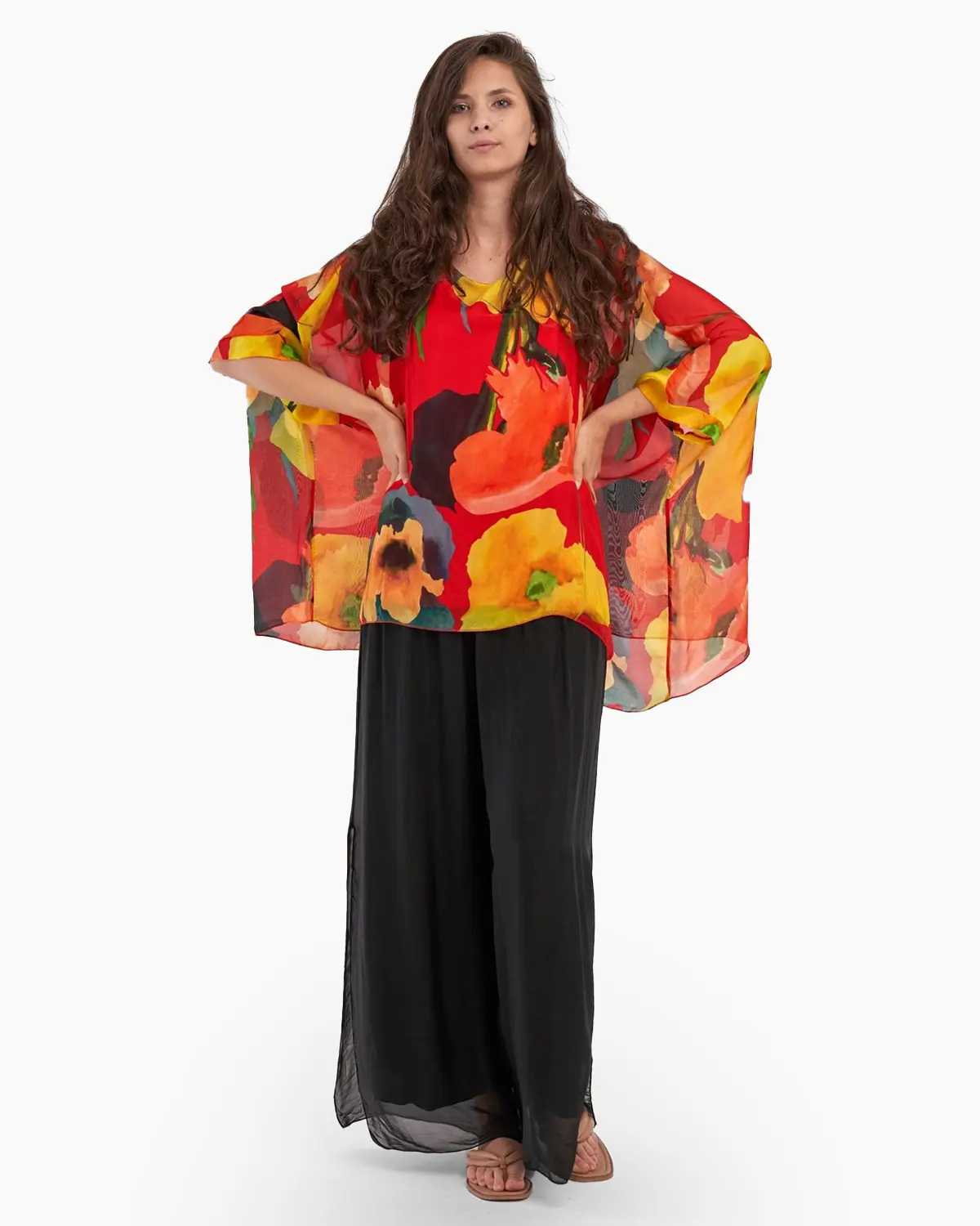 Bluze - Bluza din matase naturala, imprimeu maci, pe fond rosu