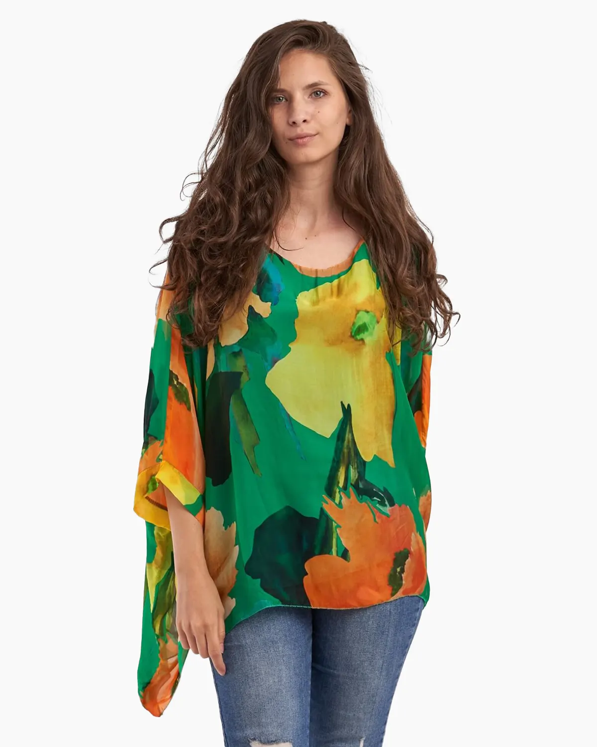Bluza din matase naturala, imprimeu maci, pe fond verde [1]