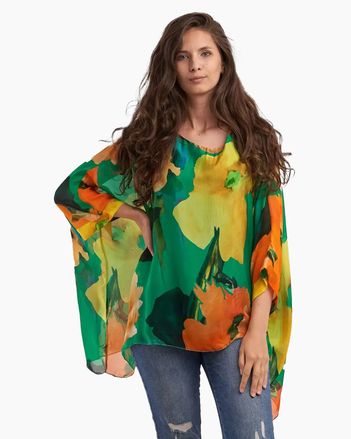 Haine damă - Bluza din matase naturala, imprimeu maci, pe fond verde