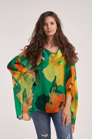 Bluze din Mătase - Bluza din matase naturala, imprimeu maci, pe fond verde