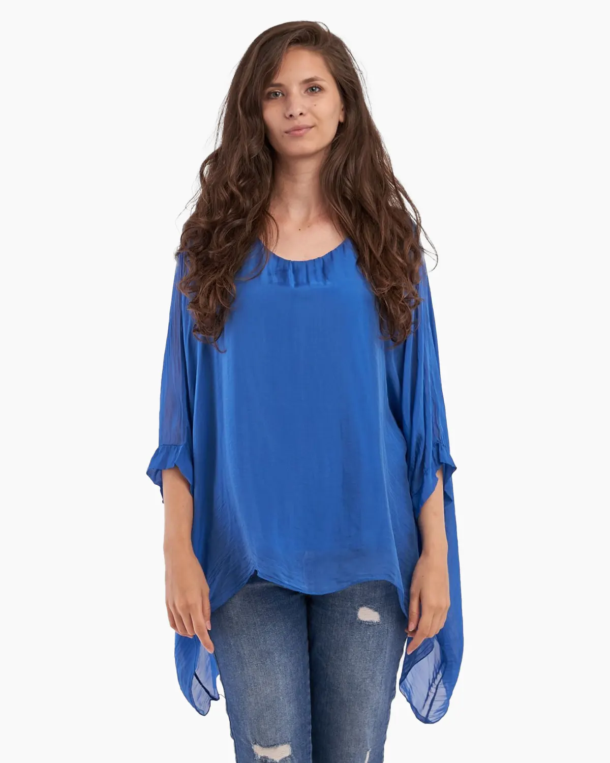 Bluze din Mătase - Bluza din matase naturala in colturi, albastra