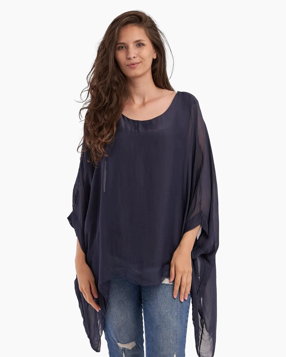 Bluze din Mătase - Bluza din matase naturala in colturi, bleumarin