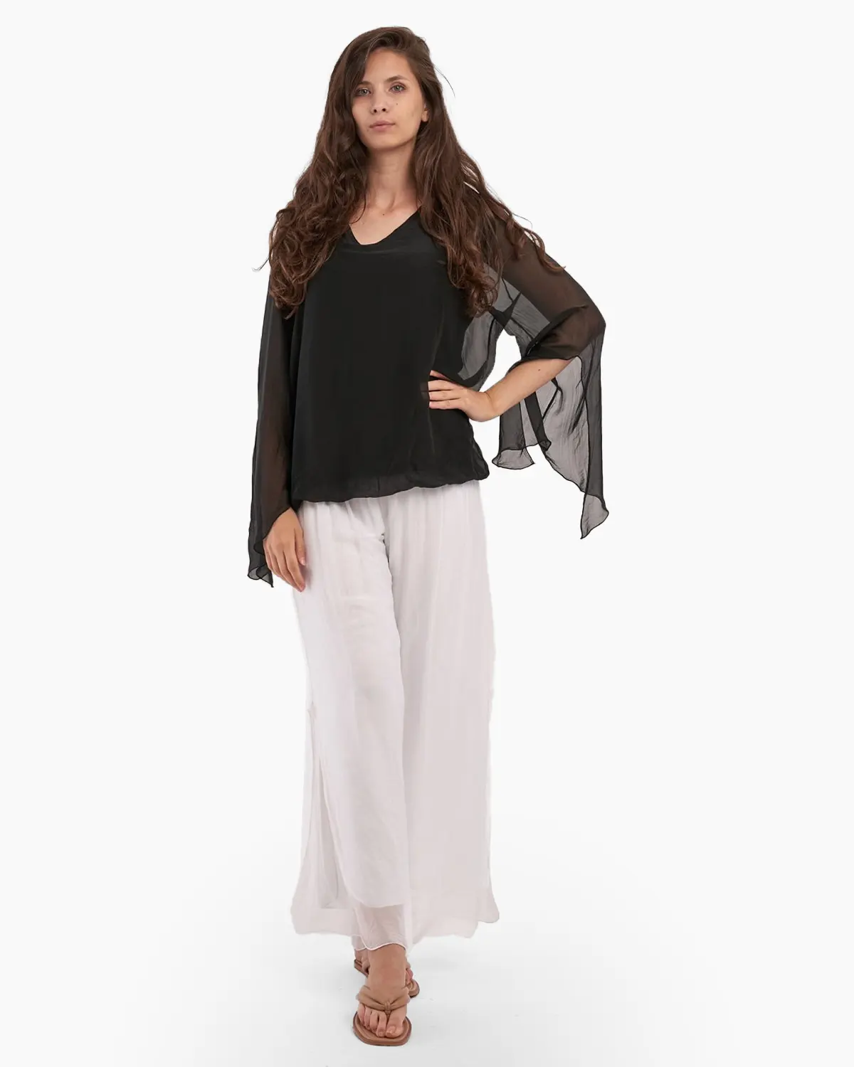 Bluze - Bluza din matase naturala, neagra, cu maneci lungi, despicate