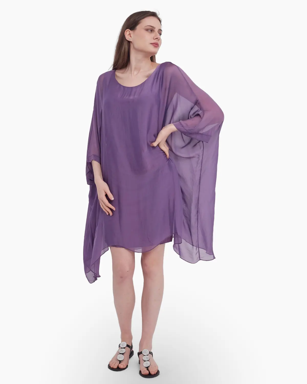 Bluze - Bluza din matase naturala si vascoza tip poncho, mov