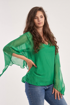 Bluze din Mătase - Bluza din matase naturala , verde, cu maneci lungi , despicate