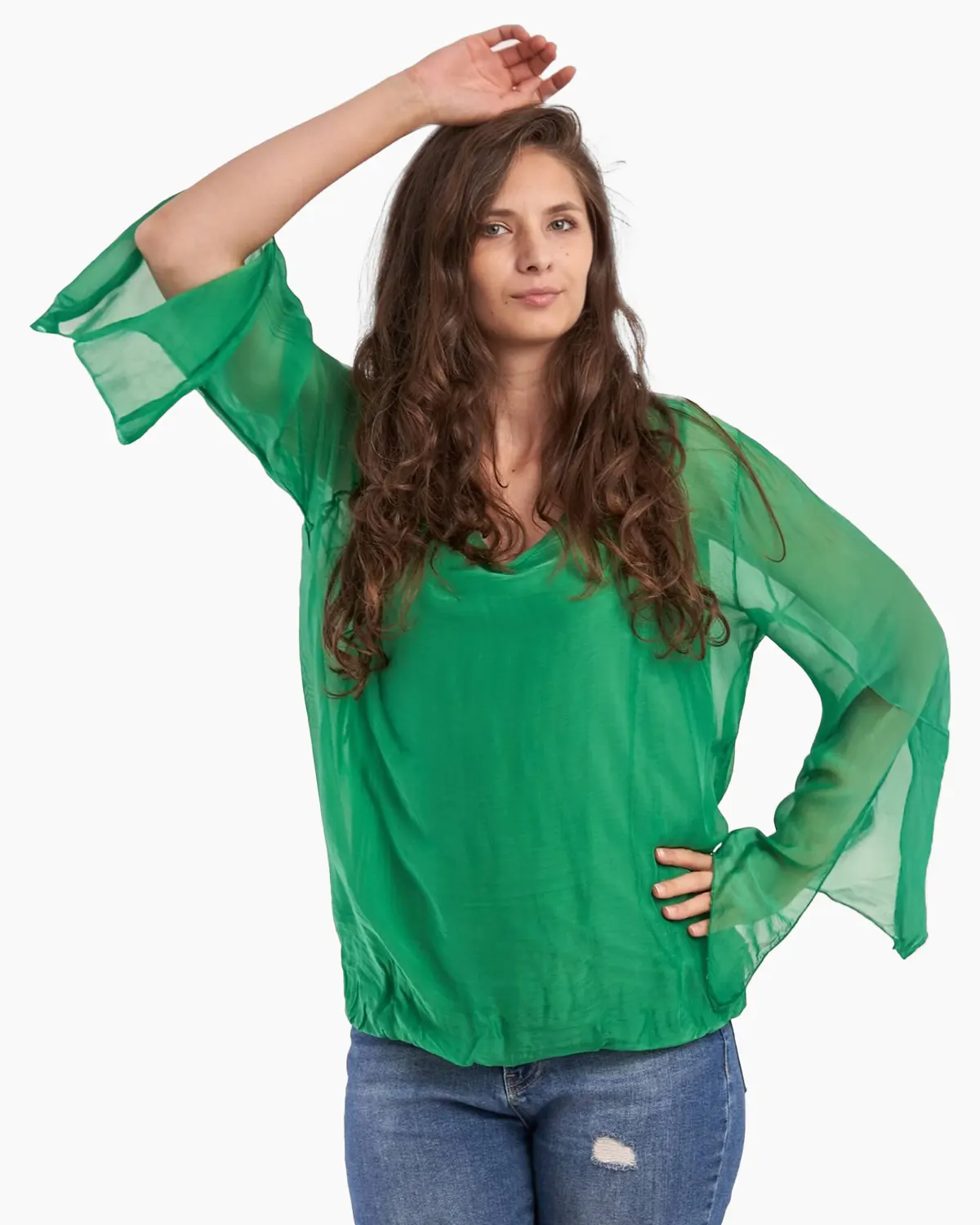 Bluza din matase naturala , verde, cu maneci lungi , despicate [1]
