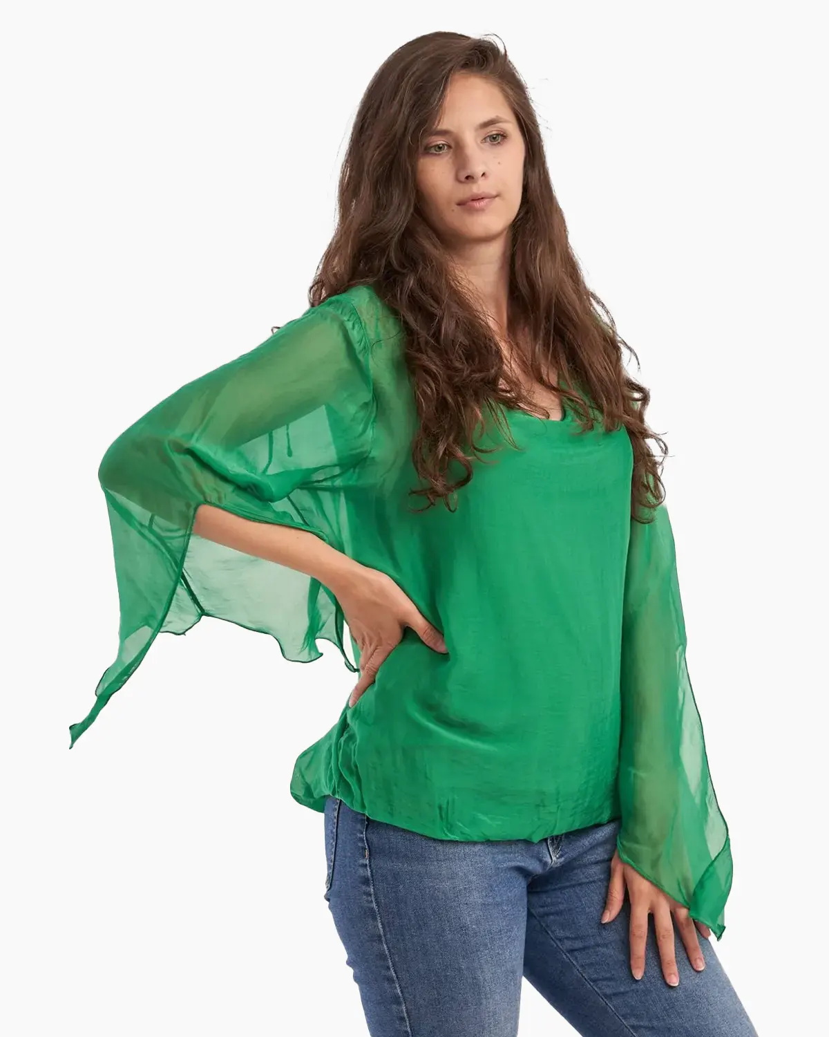 Bluze - Bluza din matase naturala , verde, cu maneci lungi , despicate