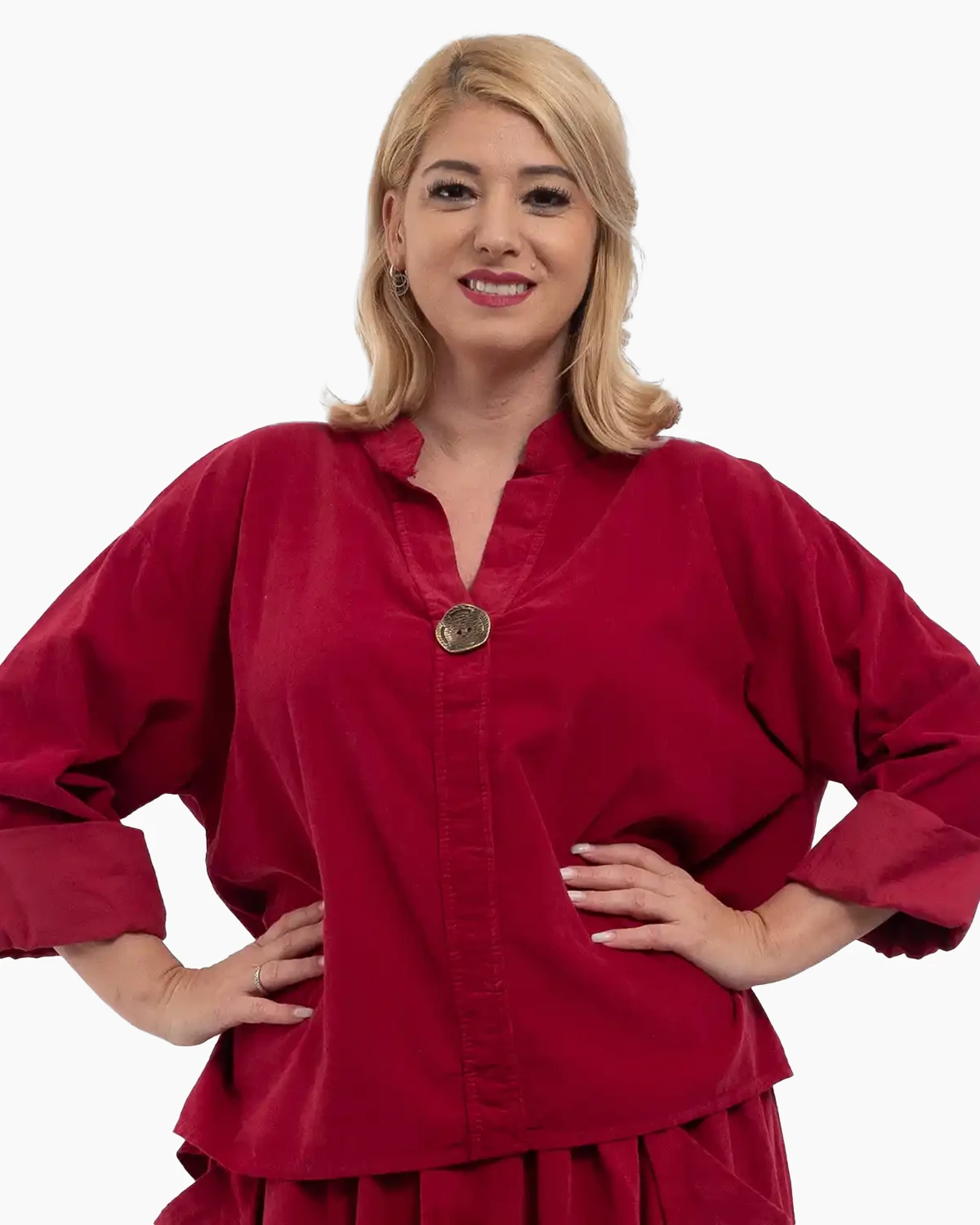 Bluze la Promoție - Bluză din raiat asimetrică cu mâneci lungi și nasture decorativ