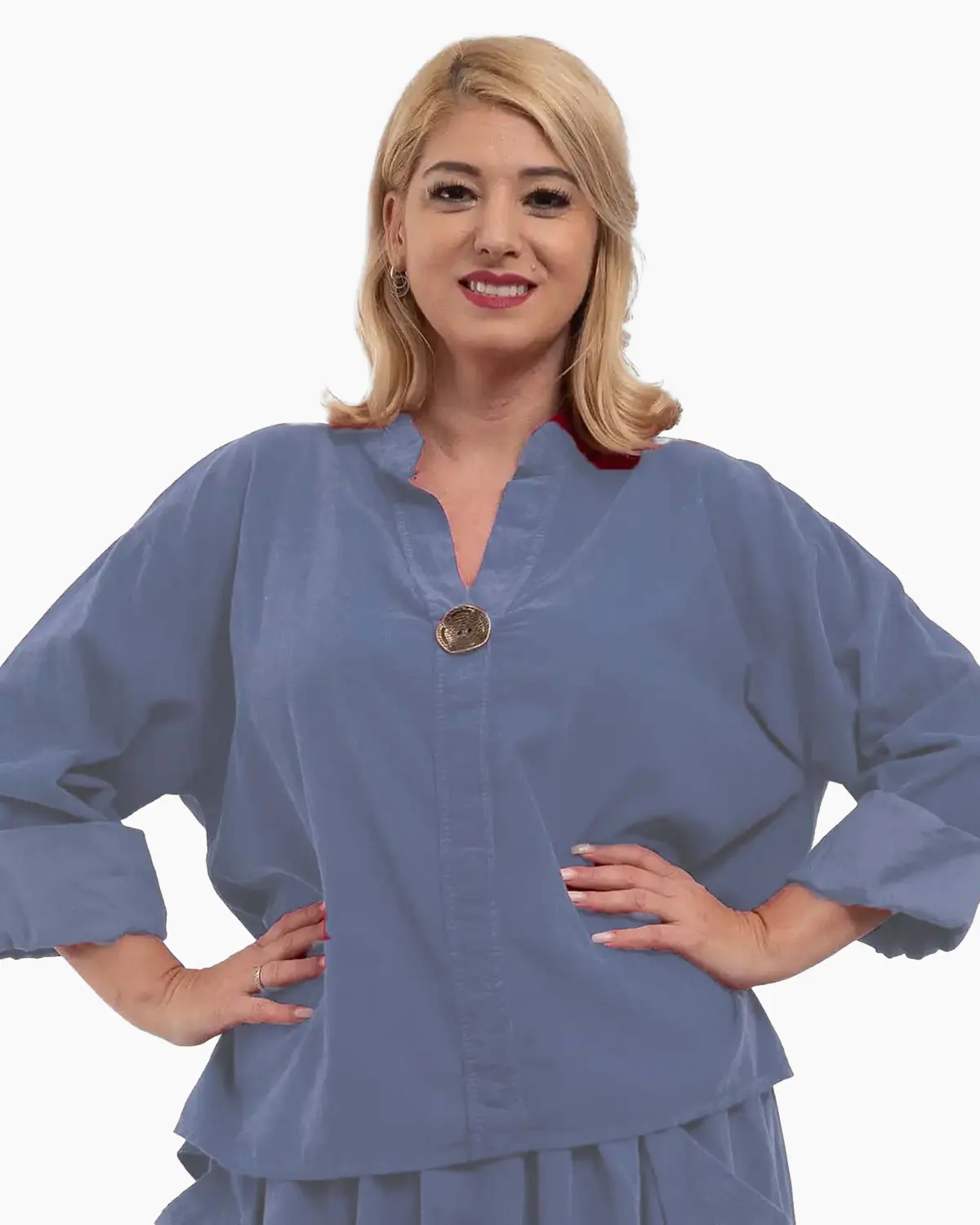 Bluze la Promoție - Bluză din raiat asimetrică cu mâneci lungi și nasture decorativ, jeans