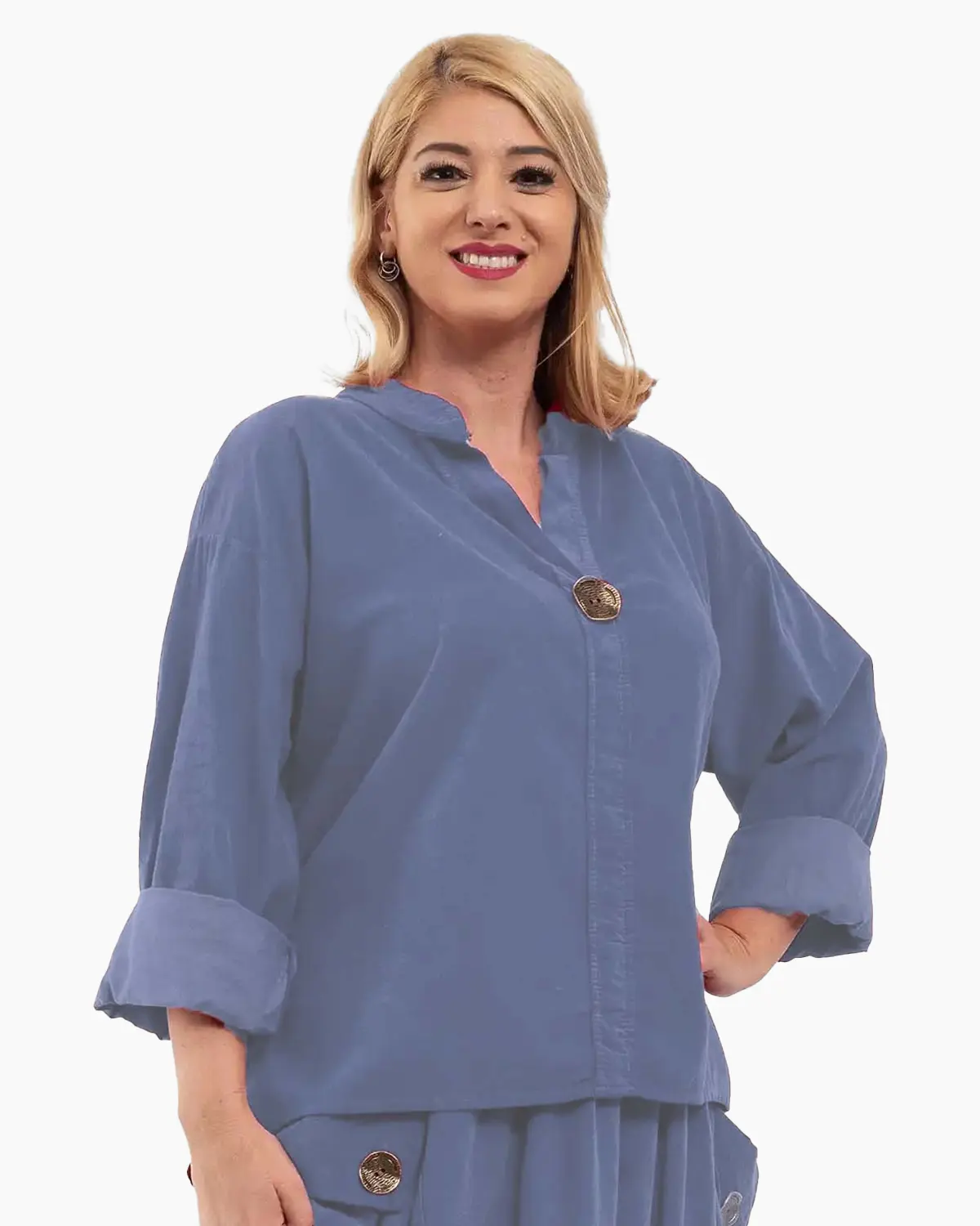 Bluză din raiat asimetrică cu mâneci lungi și nasture decorativ, jeans [1]
