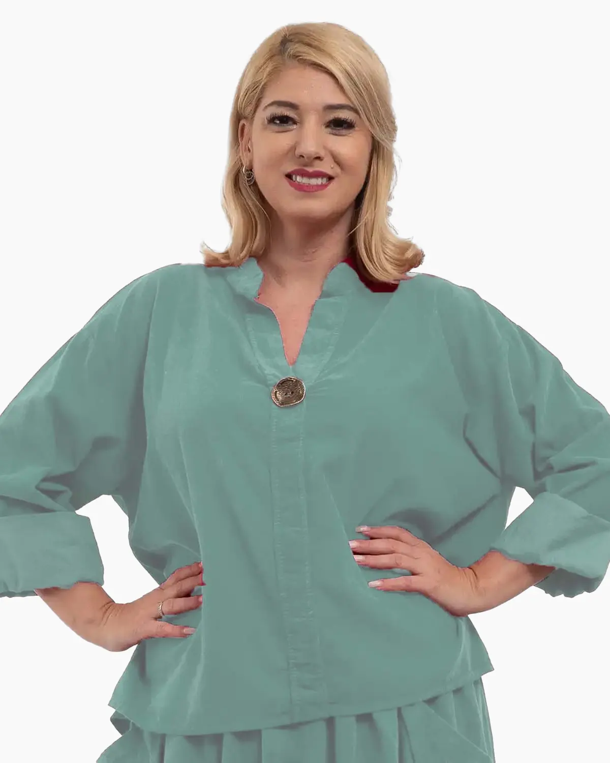 Bluze din Bumbac - Bluză din raiat asimetrică cu mâneci lungi și nasture decorativ, kaki