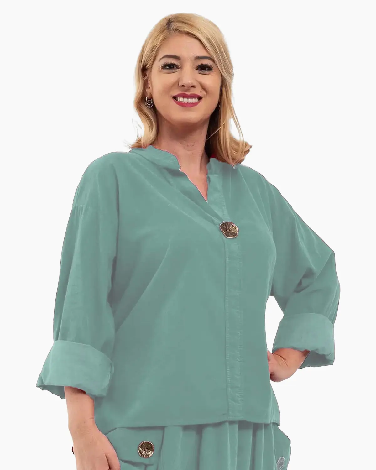 Bluză din raiat asimetrică cu mâneci lungi și nasture decorativ, kaki [1]