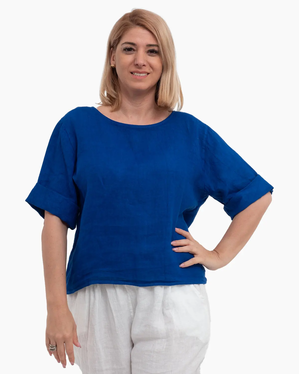 Bluze din In - Bluza dreapta albastra din in accesorizata la spate cu nasturi