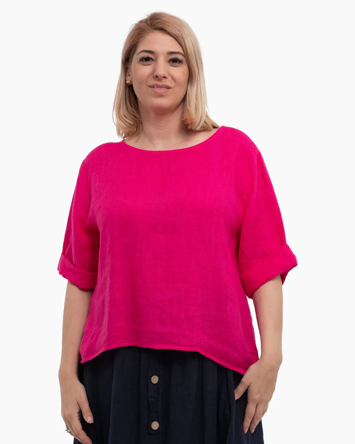Bluze din In - Bluza dreapta ciclam din in accesorizata la spate cu nasturi