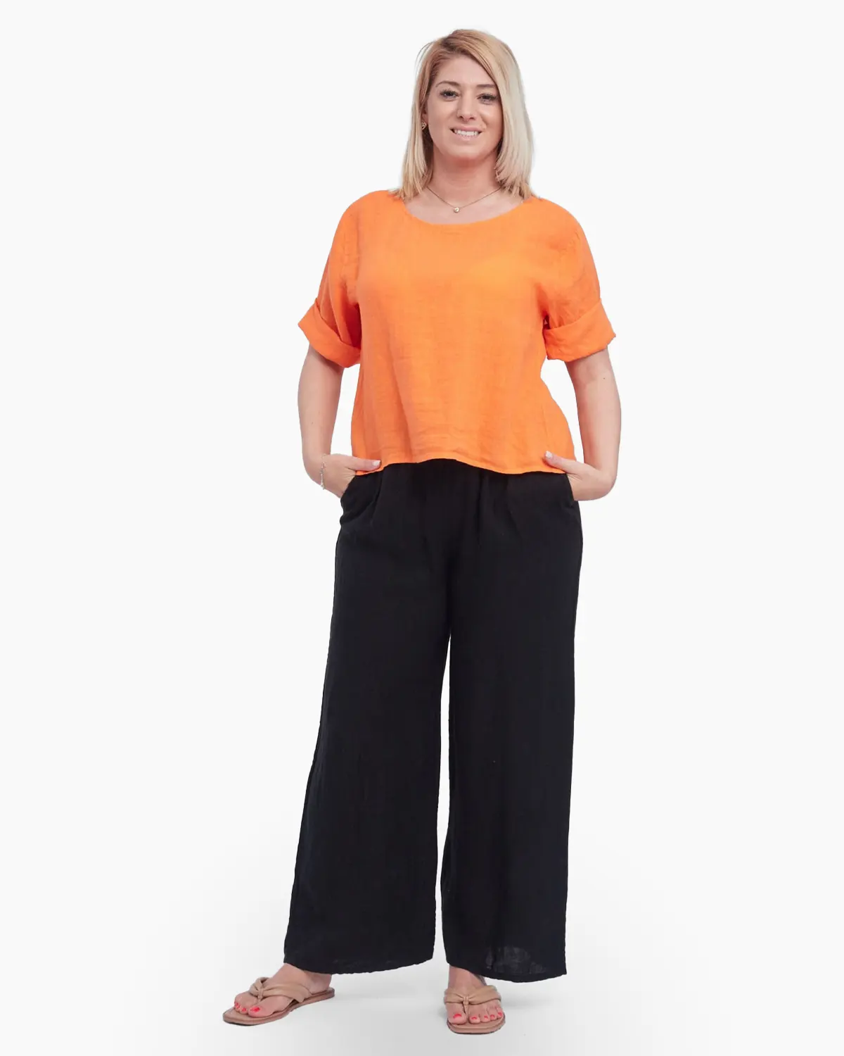 Bluze din In - Bluza dreapta din in accesorizata la spate cu nasturi, orange