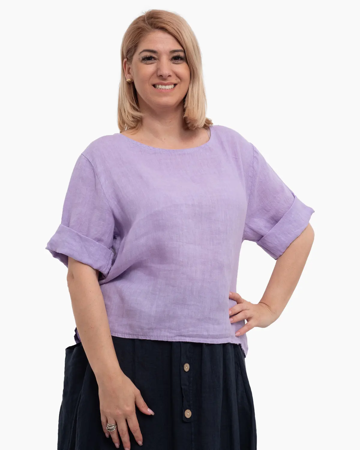 Bluze din In - Bluza dreapta lila din in accesorizata la spate cu nasturi